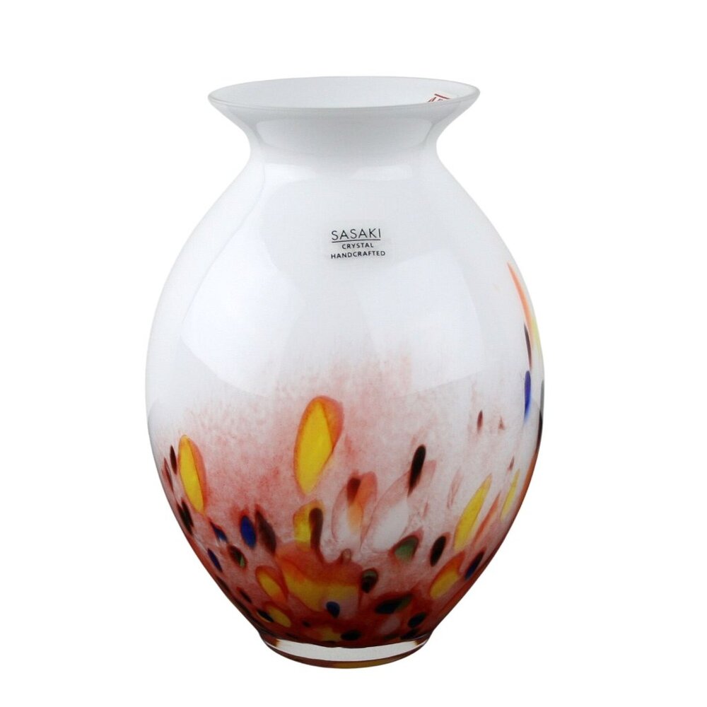 Sasaki Crystal Handcrafted White Vase With Colorful Speckled Design 8.25" Tall